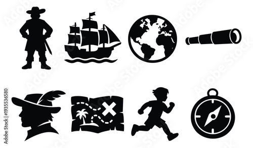 Solid silhouette adventure elements set featuring a pirate, ship, globe, telescope, treasure map, running boy, and compass for exploration and discovery