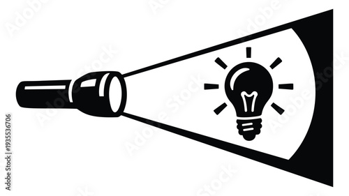 Line art illustration of a flashlight illuminating a lightbulb depicting an idea or solution for innovation and discovery