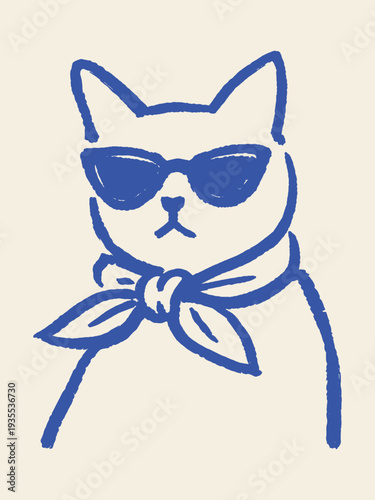Cat sunglasses bandana minimal brush sketch vector illustration