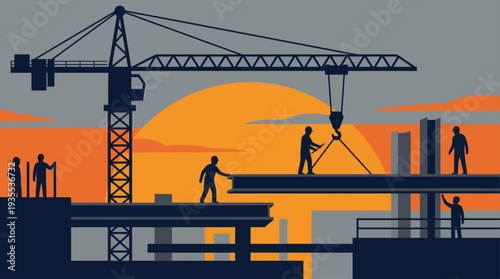 Construction site with crane and workers at sunset.