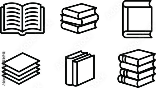 Modern Thin Line Books Icons Set with Open Book, Book Stack, Scroll, Notebook and Library Study Symbols