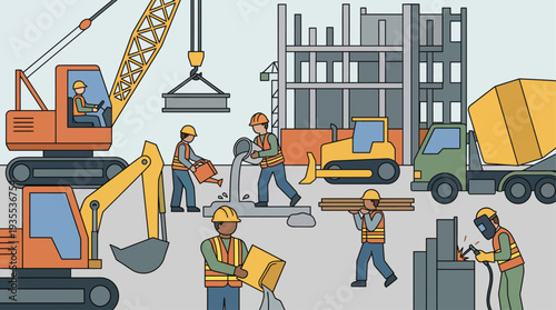 Construction site with workers and heavy machinery in operation.