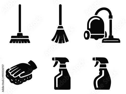 Solid icon cleaning tools set featuring brooms, a vacuum cleaner, a sponge, and spray bottles for household chores and hygiene