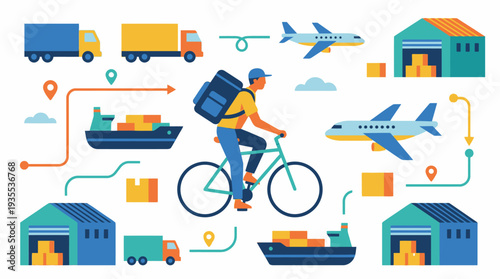 Logistics and Transportation Infographic with Delivery Person on Bicycle.