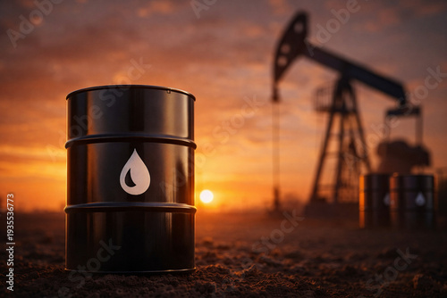 Oil Barrel at Sunset with Pumpjack in Background