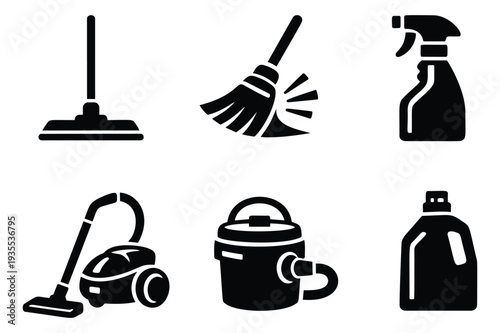 Solid icon cleaning set featuring cleaning tools and household supplies for domestic chores