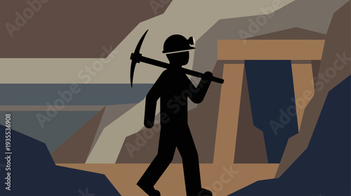 Silhouette of a miner carrying a pickaxe in a quarry or mine.