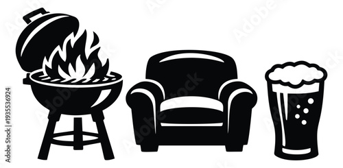 Graphic outdoor leisure elements set featuring a barbecue grill, an armchair, and a beer glass for summer activities