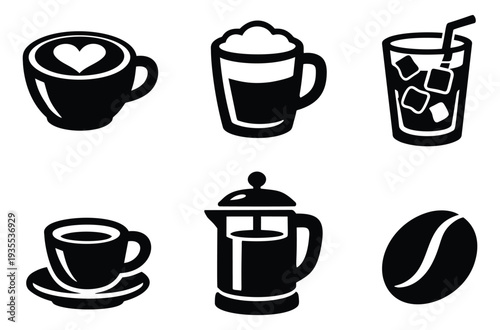 Minimalist coffee icon set featuring a latte, iced drink, espresso, and french press for cafe branding