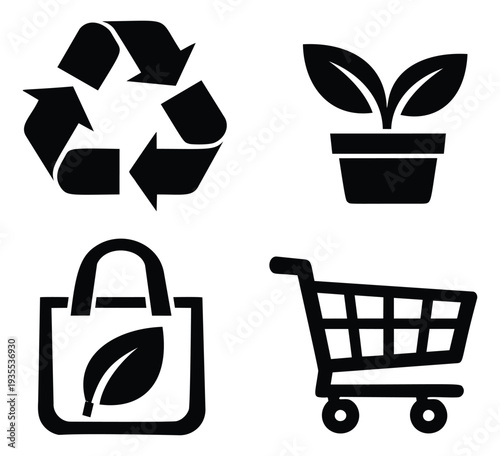 Modern silhouette icon set featuring recycling, a potted plant, an eco bag, and a shopping cart for e-commerce and sustainability