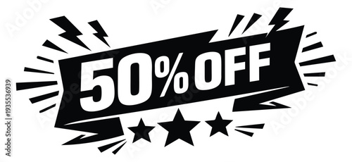 Dynamic graphic illustration of a 50% OFF discount tag depicting a special offer for retail promotions