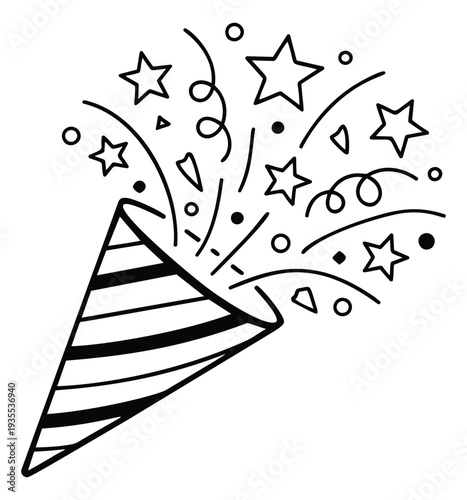 Hand drawn line art illustration of a party popper depicting exploding confetti for celebration