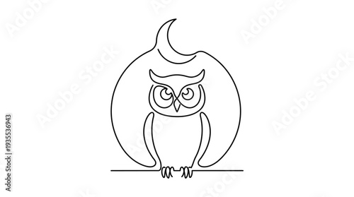 Owl with Crescent Moon One-Line Icon, Single Continuous Line Night Bird Minimal Outline