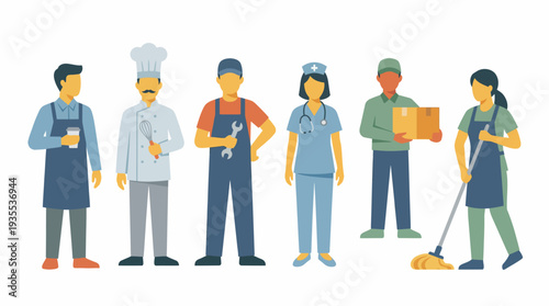 Diverse group of workers in various occupations and uniforms.