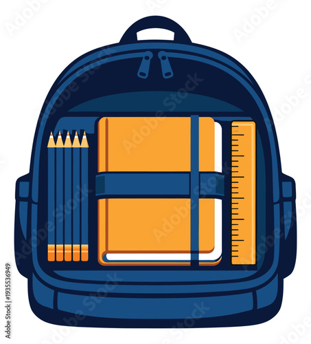Graphic illustration of a school backpack depicting educational supplies for back to school season