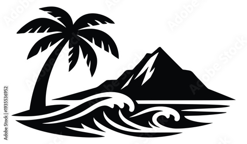 Modern graphic illustration of a tropical island scene depicting a palm tree, ocean waves, and mountains for summer holidays and travel