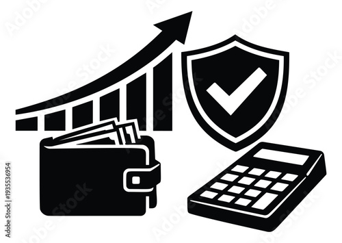 Modern glyph icon finance and business set featuring a wallet, growth chart, shield, and calculator for financial planning