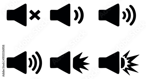 Simple flat volume icons set featuring mute and various sound levels for digital interface design