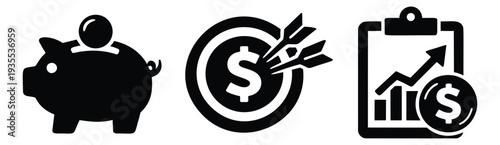 Modern icon finance and business set featuring a piggy bank, financial target, and business growth chart for financial planning and success concepts