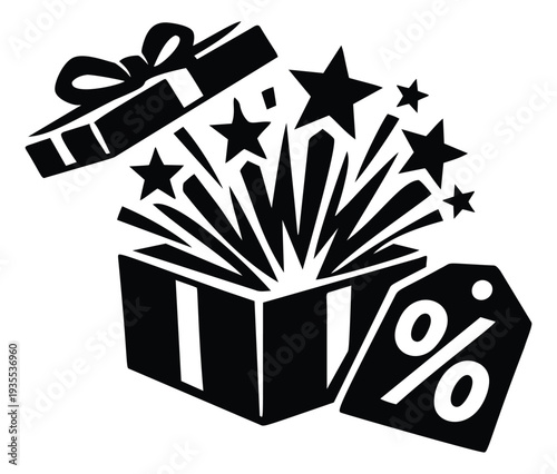 Stylized graphic illustration of an opening gift box depicting a surprise discount for sales and promotions