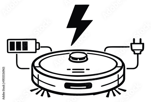Line art illustration of a robot vacuum cleaner depicting charging with battery, power, and plug icons for smart home technology