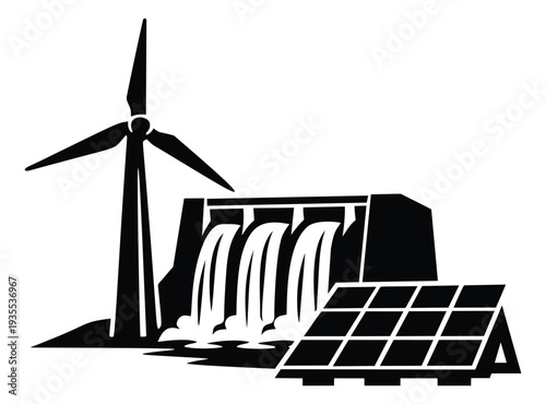 Graphic renewable energy set featuring a wind turbine, hydroelectric dam, and solar panels for environmental sustainability