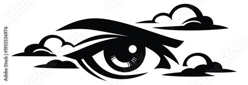 Stylized illustration of an eye depicting insight surrounded by clouds for symbolic design