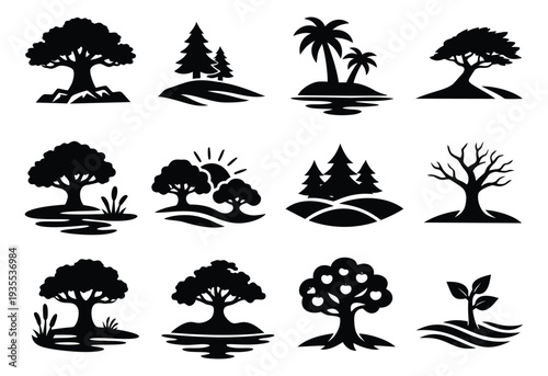 Graphic silhouette tree icon set featuring various tree species and natural settings for environmental and nature-themed design
