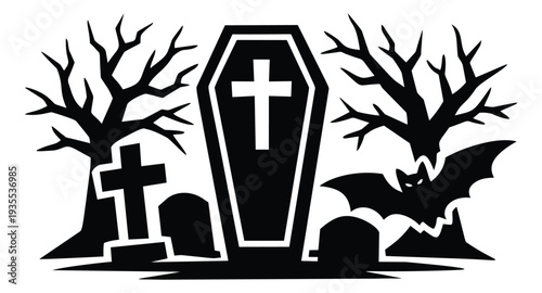 Spooky silhouette illustration of a graveyard scene depicting a coffin, gravestones, bare trees, and a bat for Halloween