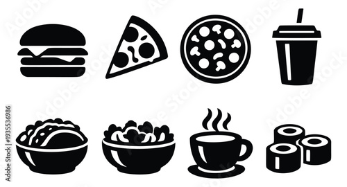 Simple food and drink icons set featuring burgers, pizzas, tacos, salads, beverages, and sushi for restaurant menus and digital interfaces