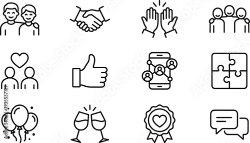 ocial Interaction and Community Line Icon Set with Handshake, Applause, Teamwork, Like Thumb, Celebration, Chat and Relationship Symbols