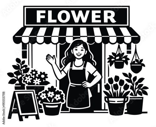 Line art illustration of a happy female florist depicting a welcoming wave for a flower shop