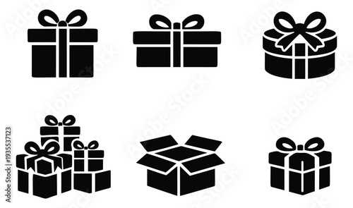 Glyph style gift icon set featuring various present box designs and an open box for celebrations and delivery concepts