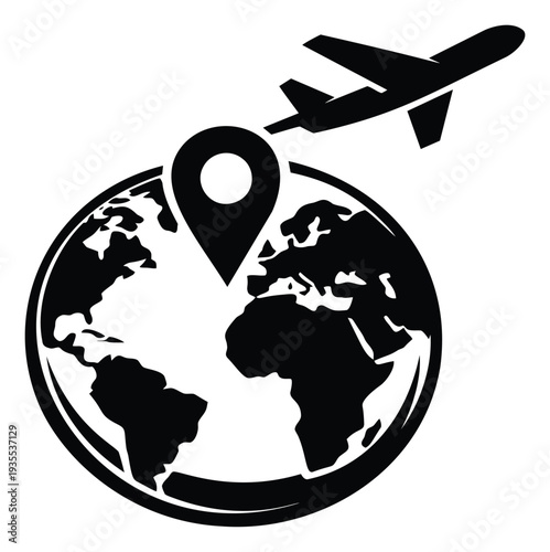 Graphic illustration of a globe with an airplane and location pin depicting global travel for tourism applications