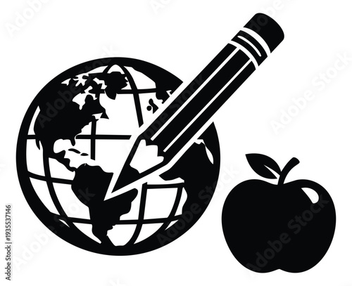 Graphic education set featuring a globe, pencil, and apple for international learning