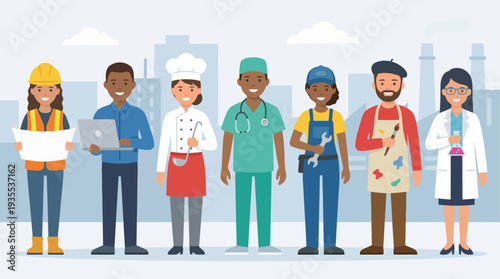 Diverse group of professionals in various occupations standing together.