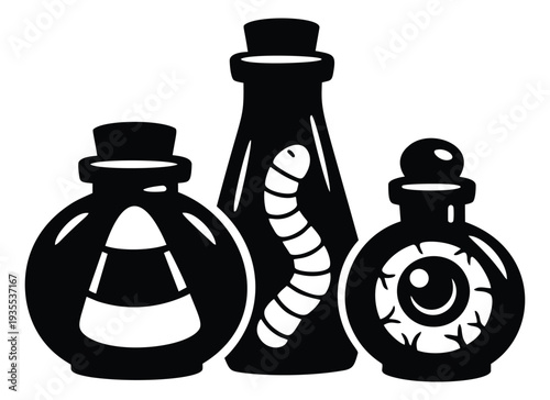 Graphic Halloween potion bottle set featuring a candy corn, a worm, and an eyeball for spooky themes