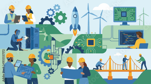 Industrial workers collaborating on innovative projects with technology and renewable energy.