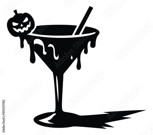 Silhouette illustration of a spooky cocktail glass depicting a jack-o'-lantern garnish for Halloween celebrations