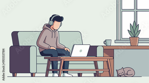 Man working on laptop while sitting on a couch at home.