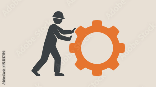 Man in uniform pushing large orange gear icon.