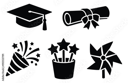 Simple graphic icon celebration set featuring a graduation cap, diploma, party popper, star wands, and pinwheel for festive occasions