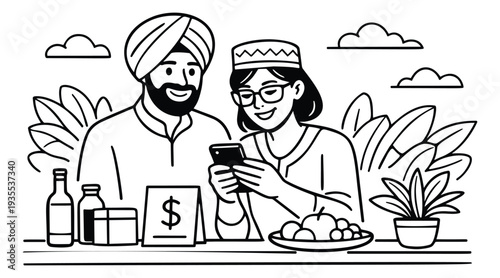 Hand drawn line art illustration of diverse individuals depicting shared online shopping for cultural exchange and digital communication