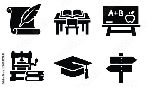 Flat education icons set featuring academic symbols and learning tools for school and knowledge
