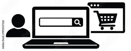 Digital icon e-commerce set featuring a laptop, user profile, and shopping cart window for online search and shopping
