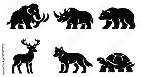 Graphic wild animal icons set featuring a mammoth, rhinoceros, bear, deer, wolf, and turtle for nature and wildlife themes