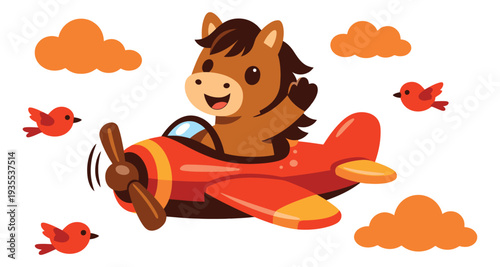 Cute cartoon illustration of a horse flying an airplane depicting a joyful flight for children's designs