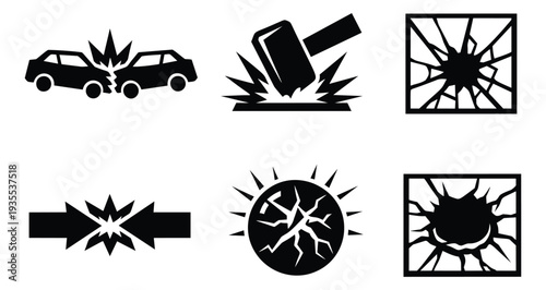 Graphic icon set featuring car crash, hammer impact, broken glass and cracking effects for damage, accident and warning concepts