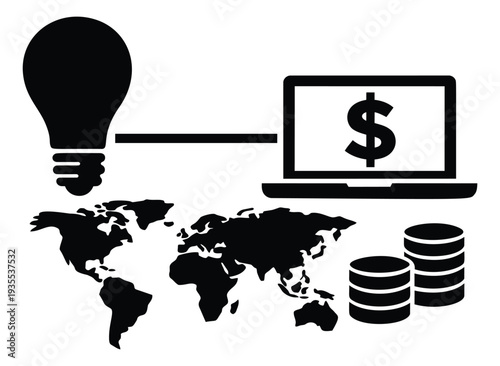 Iconic illustration of a business concept depicting ideas connecting globally to online financial success for entrepreneurship and innovation