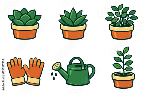 Hand drawn gardening set featuring potted plants, a watering can, and gloves for planting